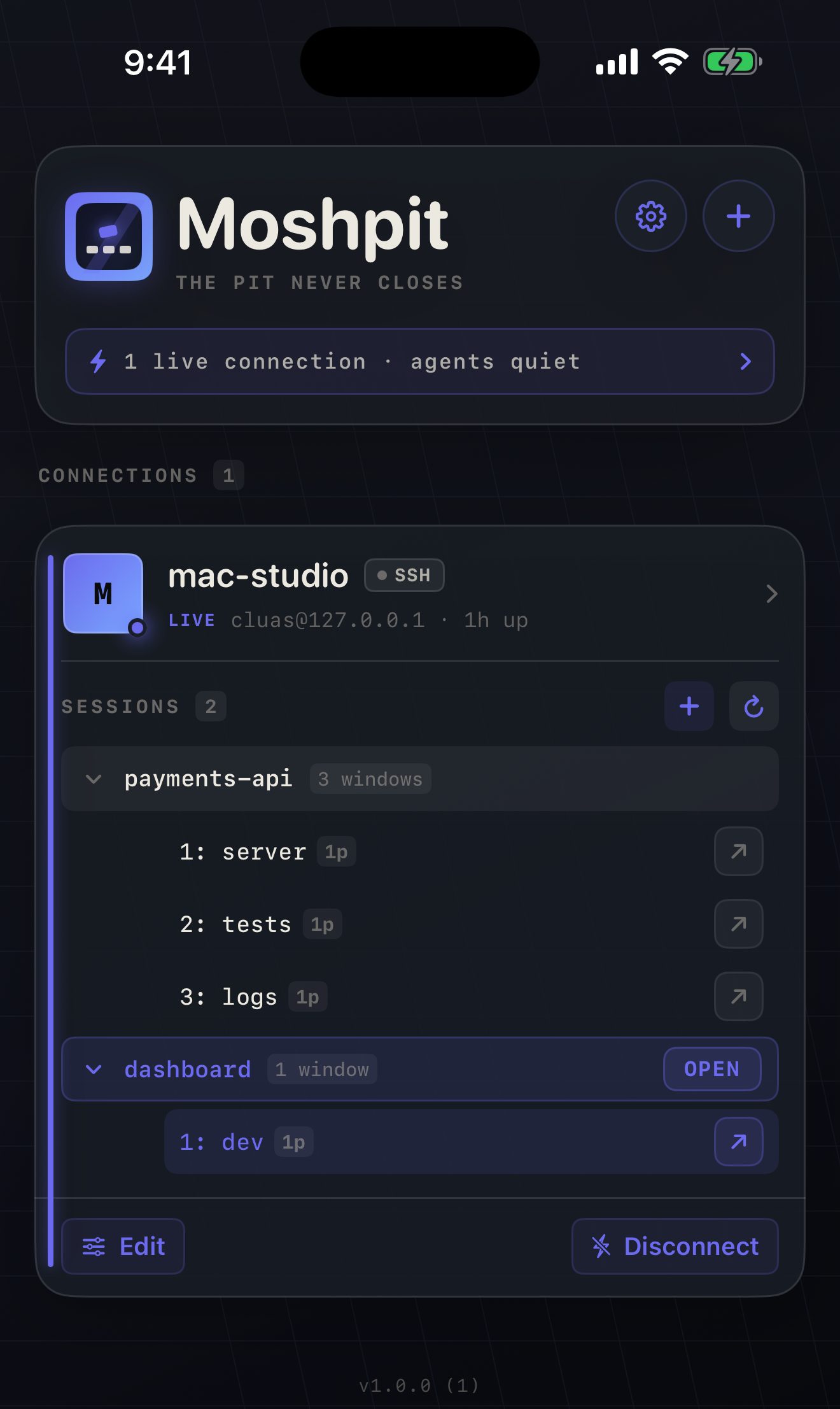 Moshpit’s home screen: an Agents section listing Claude Code needing you, codex working and an idle claude, above a tree of workspaces
