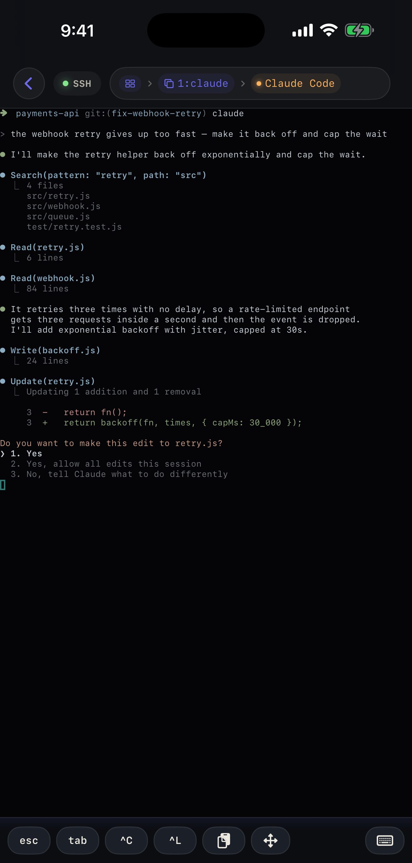 Terminal session with an agent status breadcrumb
