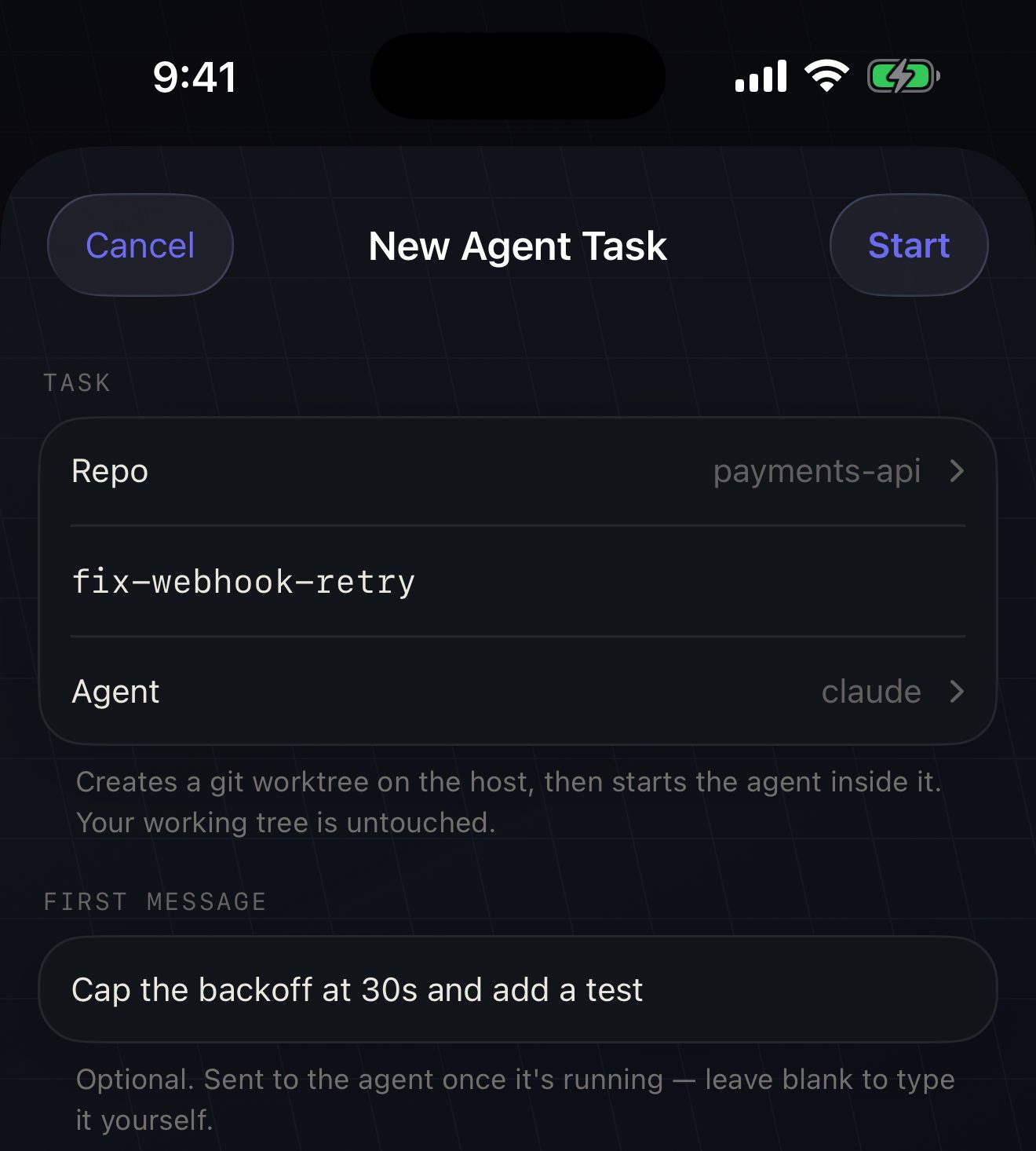 New Agent Task sheet: repo, branch, agent and a first message