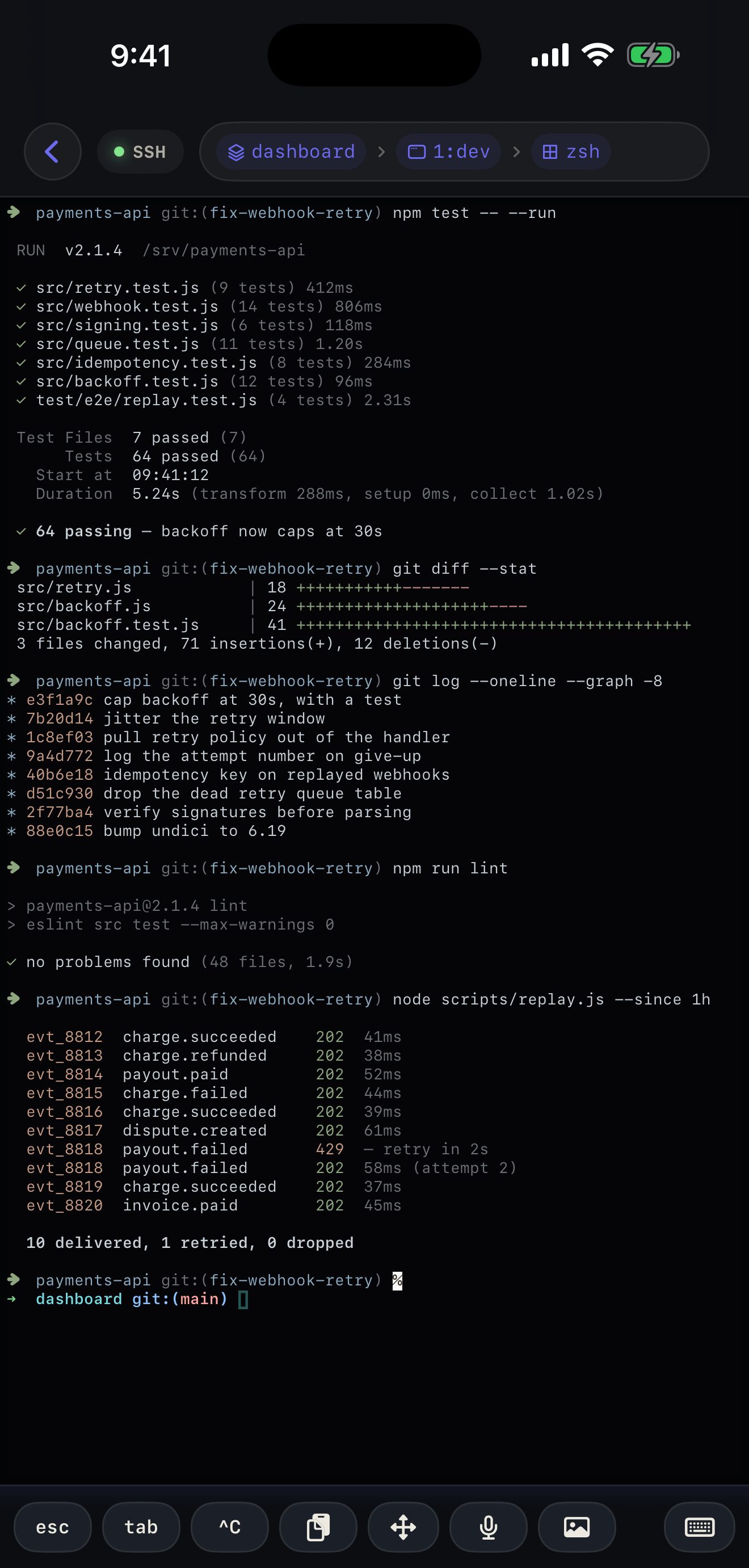 tmux session rendered natively, with window and pane switching