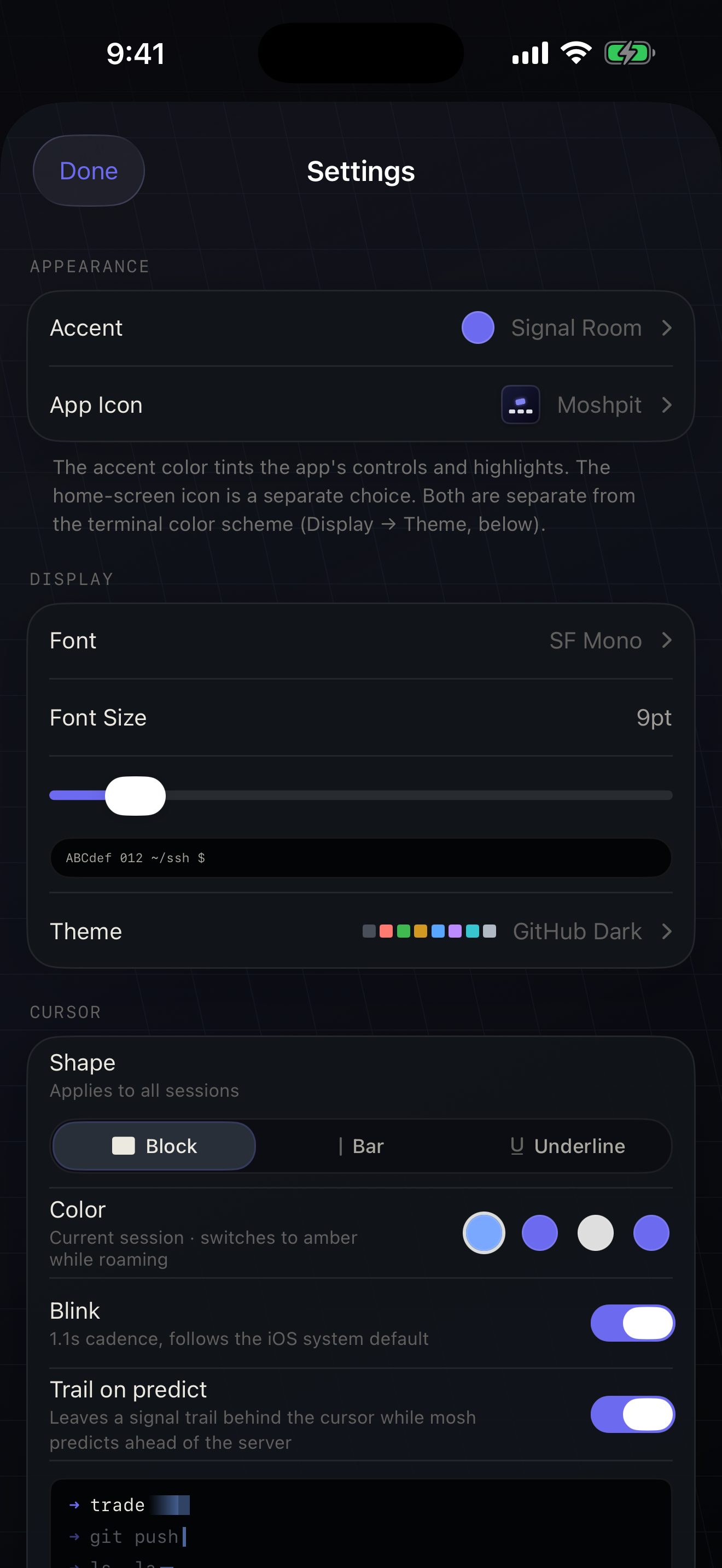 Theme picker: four app themes and several built-in terminal color schemes