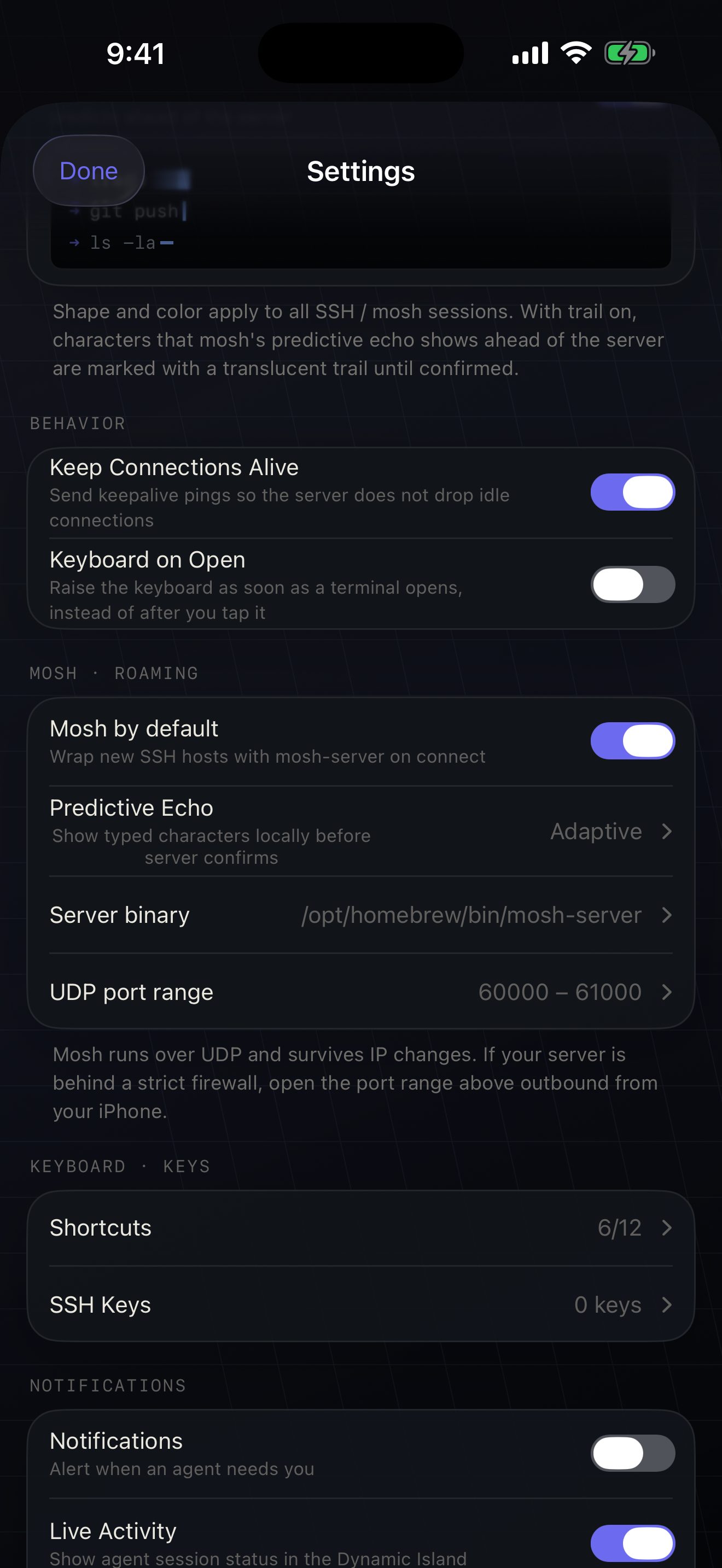 Moshpit Settings showing the Mosh and Roaming group: Mosh by default, Predictive Echo, Server binary and UDP port range