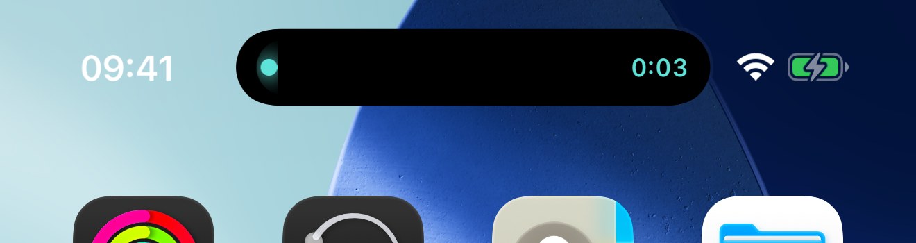 Dynamic Island showing a teal dot and a live timer while an agent works